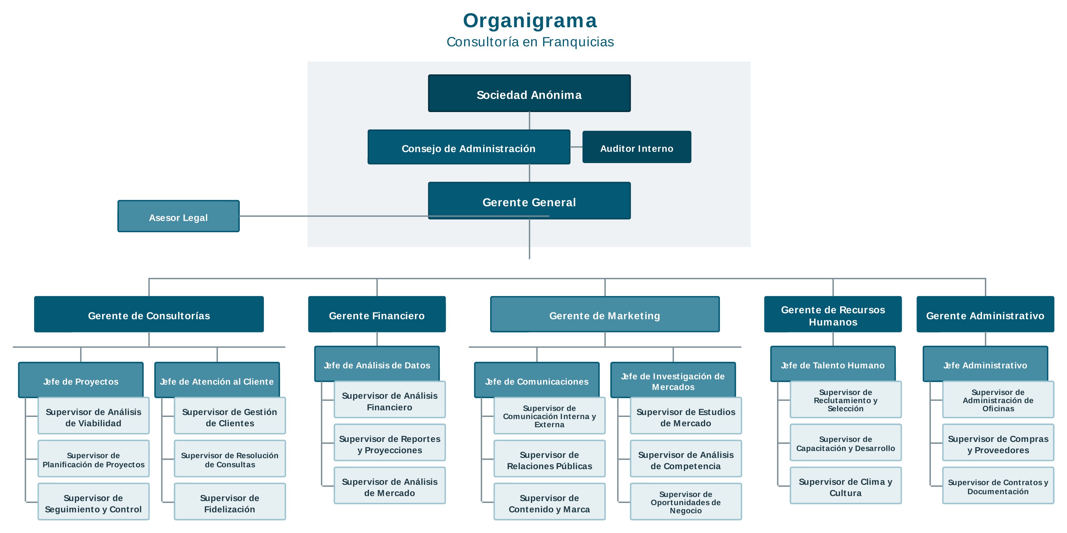 Organigrama de Novus Consultores: Sociedad Anónima, Consejo de Administración con Auditor Interno, Gerente General con Asesor Legal, y las gerencias de Consultorías, Financiera, Marketing, Recursos Humanos y Administrativa con sus jefes y supervisores