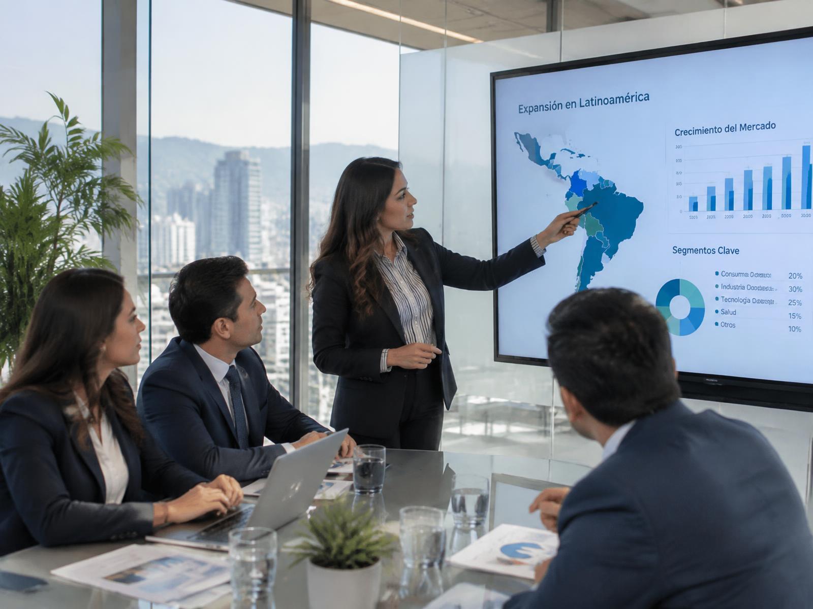 Equipo de consultores analizando un plan de expansión de mercados en una sala de reuniones