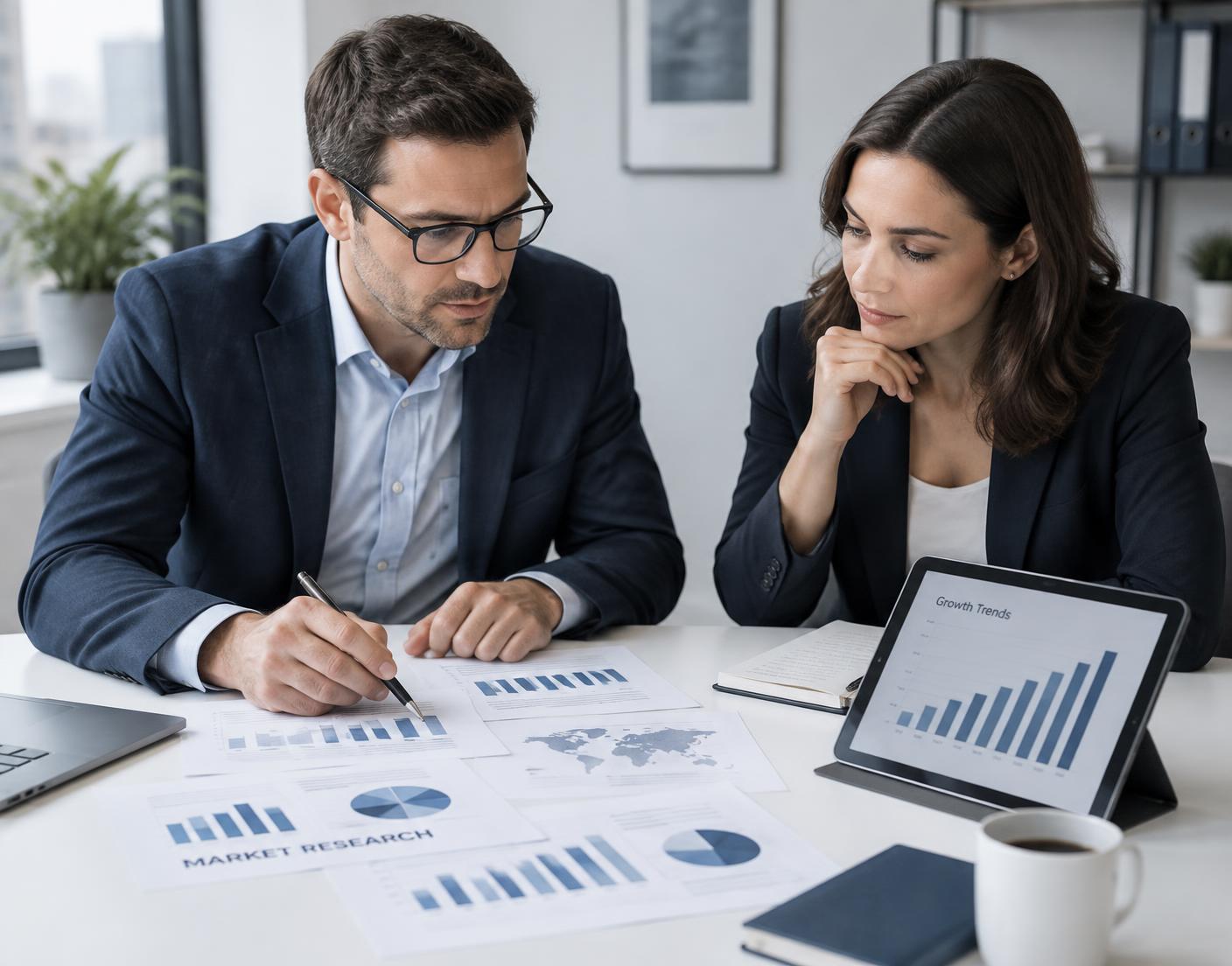 Dos consultores revisando informes de investigación de mercado